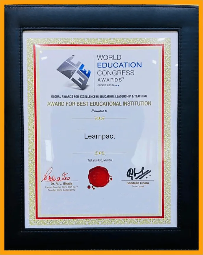 Framed World Education Congress certificate naming LearnPact Best Educational Institution