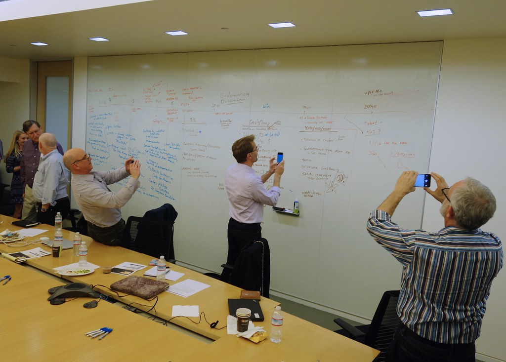 People in a meeting room photographing notes on a whiteboard