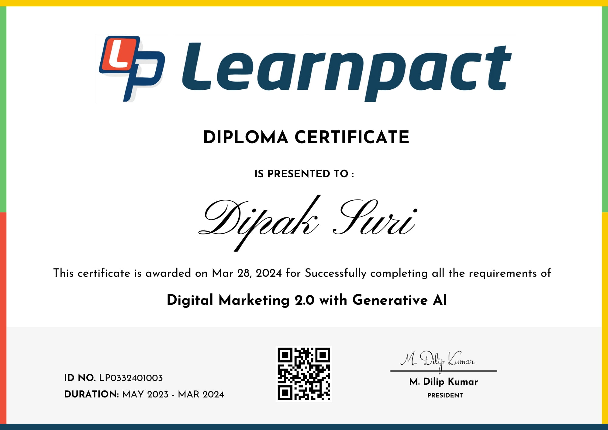 LP Certificate - diploma in digital marketing 2.0 and generative AI